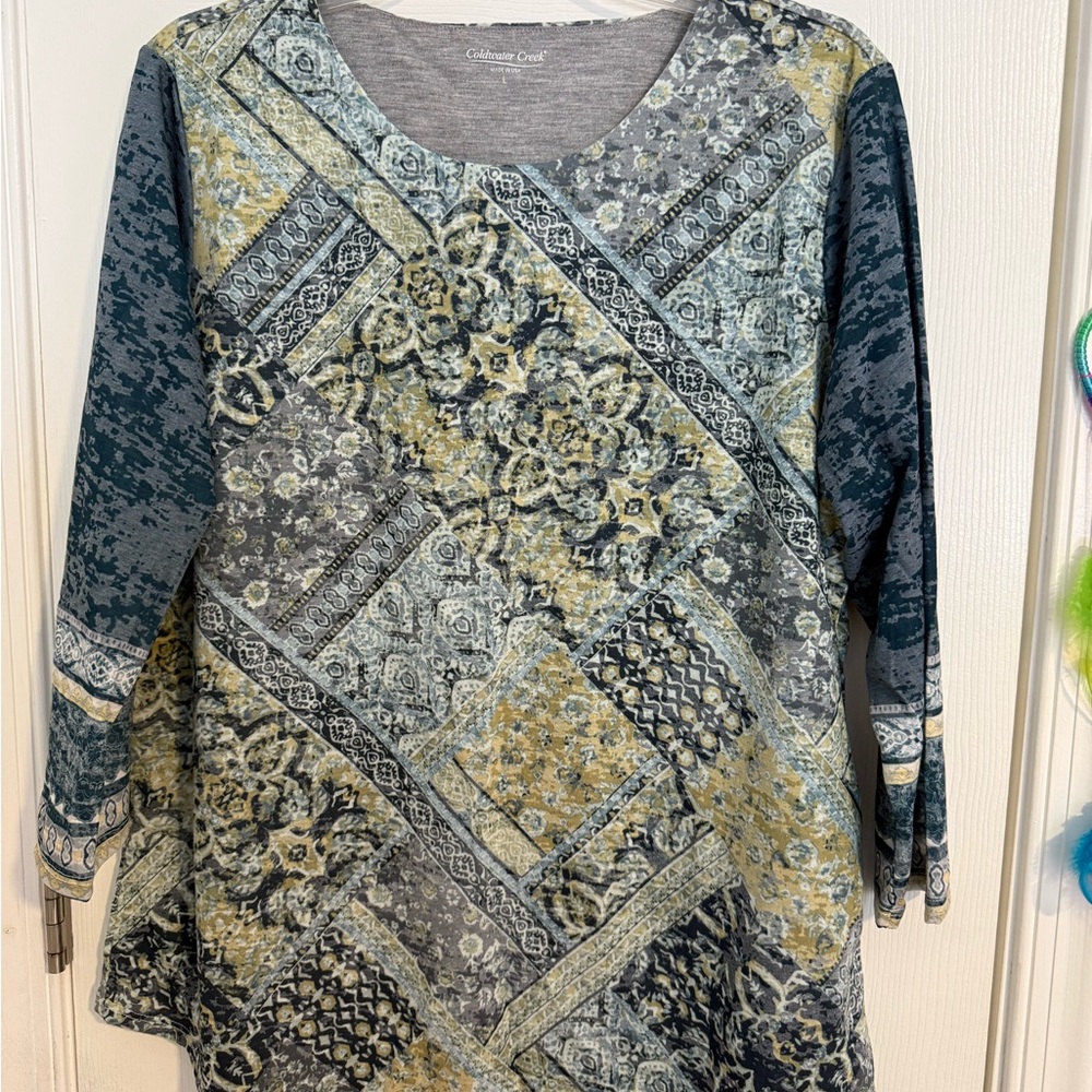 Coldwater Creek Burnout Tee - Blue and Gray Patchwork Long Sleeve Top